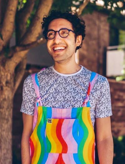My photo, wearing rainbow overalls